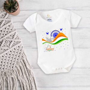 Republic Day Baby Romper with Indian Flag, Ashoka Chakra & Taj Mahal Print for Newborn Boys & Girls | 0-12 Months | Babywish
