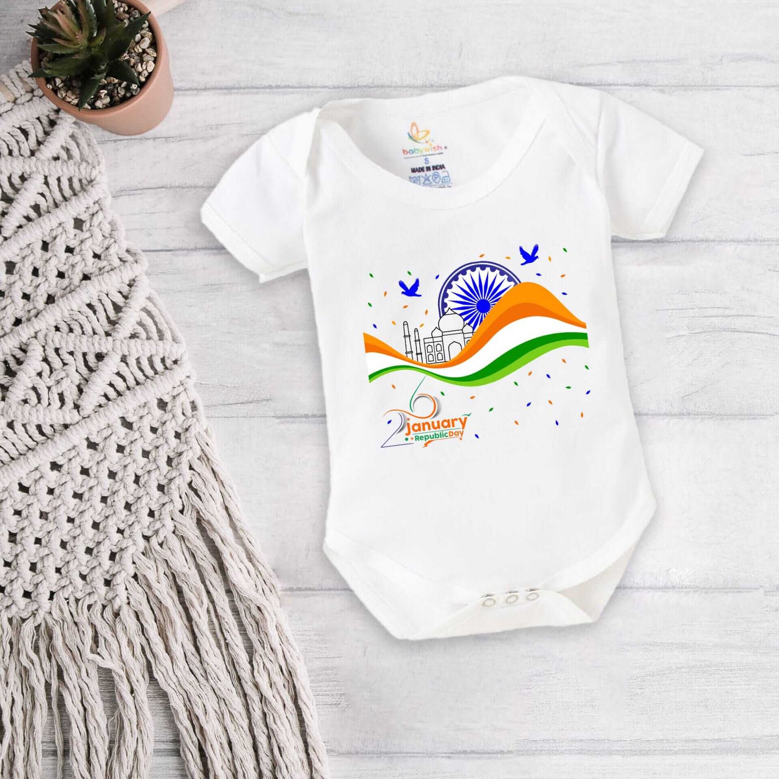 Baby First Republic Day Romper Clothes Baby Bodysuits Newborn Outfit Envelop Neck Half Sleeve Unisex Onesies"Happy Republic Day"