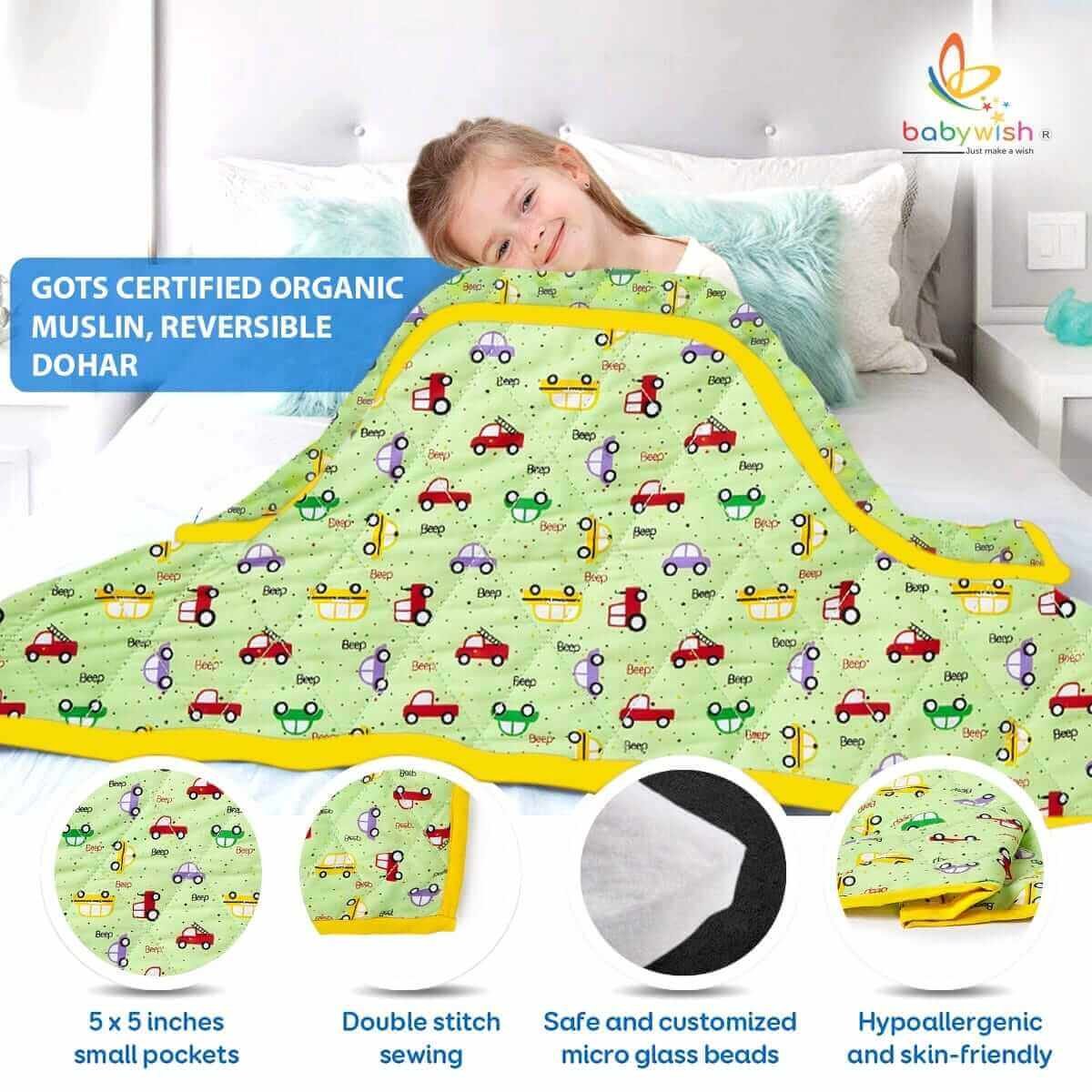 GOTS Certified Organic Muslin Baby Dohar Blanket for Newborn Soft Crib All Seasons Quilt for Microfiber Giftset - Green Car Print
