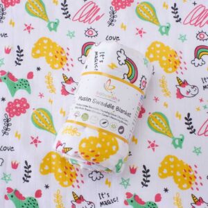 Premium Cotton Muslin Swaddle Blanket for Newborn Babies | Soft Breathable Baby Wrap Sheet, Receiving Blanket, Nursing Cover, Unicorn & Rainbow Print Baby Blanket | White Multi Color | 0-3 Months | Babywish