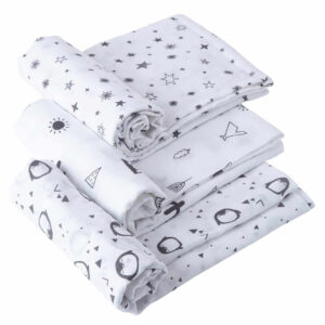 3 Pack Muslin Swaddle Blanket Set for Newborn Baby, Soft Breathable Cotton Receiving Blankets, Star Animal Print Baby Wrap, Grey White Color | Babywish