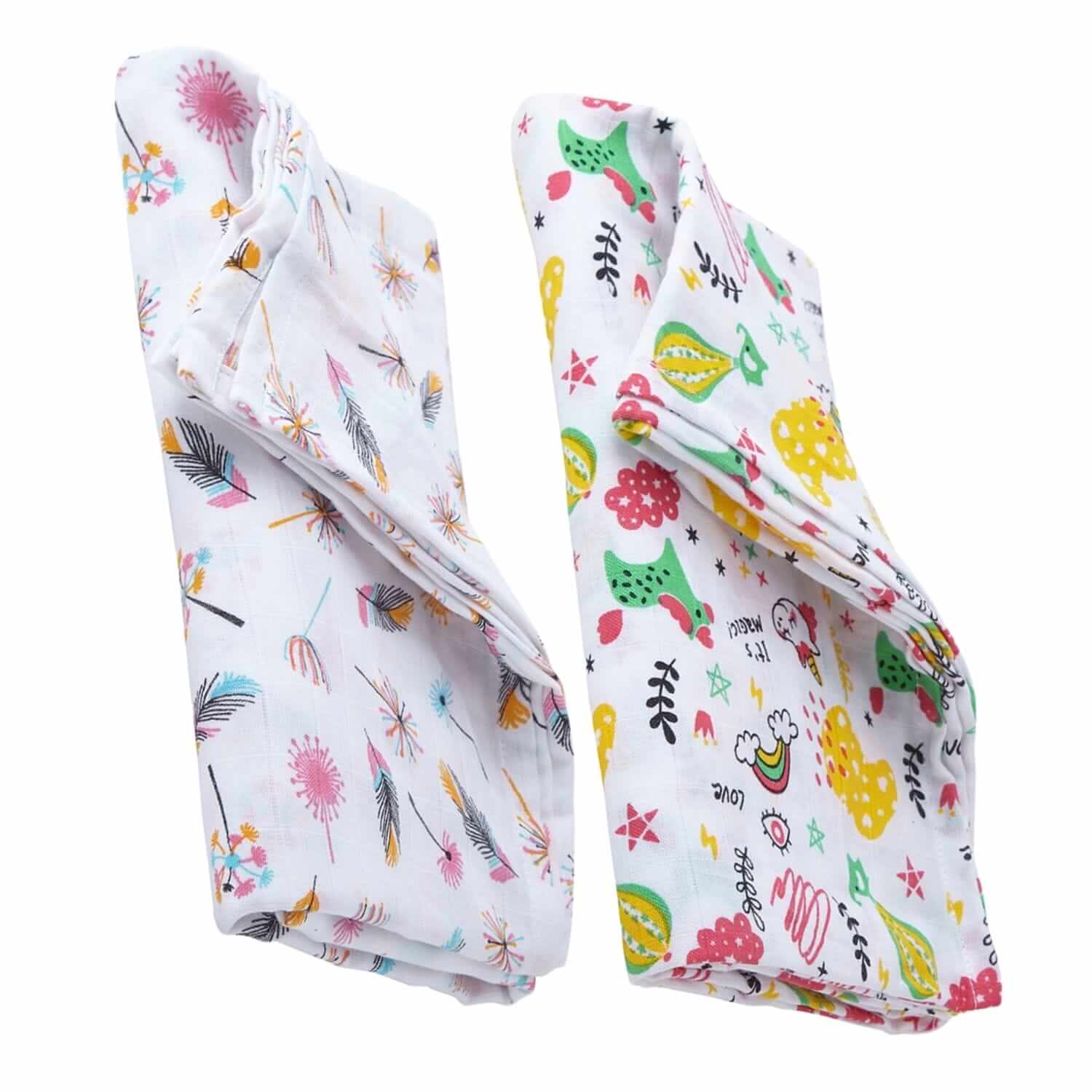 Soft Cotton Muslin Swaddle Blanket Set for Newborn Babies | Breathable Receiving Blanket, Baby Wrap Sheet, Multi-Print Baby Blanket for Boys & Girls | White Multi Color | 0-3 Months | Babywish