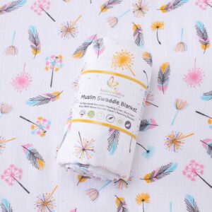 Cotton Muslin Swaddle Blanket for Newborn Babies | Soft Breathable Baby Wrap Sheet, Receiving Blanket, Nursing Cover, Stroller Cover with Feather Print | White Multi Color | 0-3 Months | Babywish