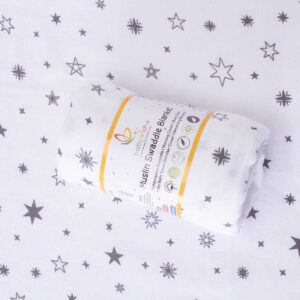 Muslin Swaddle Blanket for Newborn Baby, Soft Breathable Cotton Receiving Blanket, Star Print Baby Wrap, Nursing Cover & Stroller Blanket White Grey 0-3 Months | Babywish