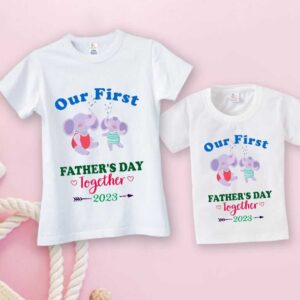 Father Son Matching Our First Father’s Day | Together Elephant Print Family Combo White Cotton T Shirt for Dad Baby Kids 0-3 Years | Babywish