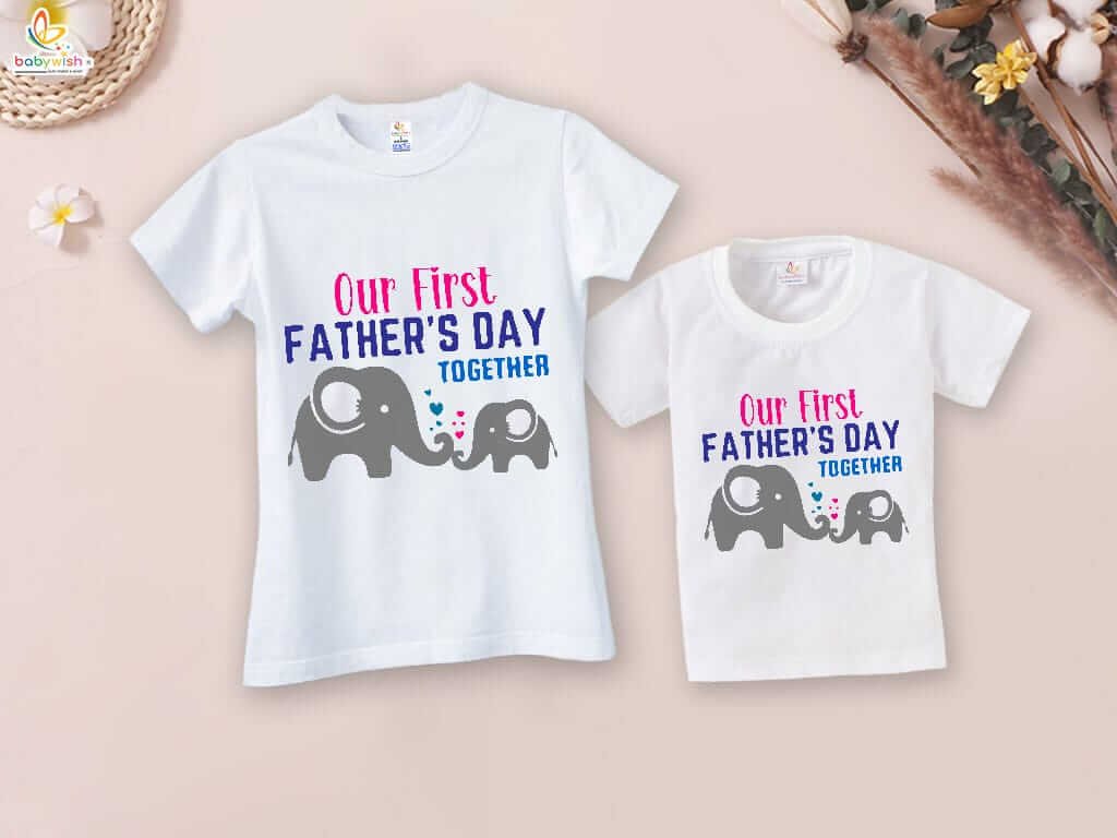 Fathers Day Special Matching T-Shirts Set for Father and Kid - Our First Father’s Day Together Elephant Print - Combo Pack of 2 | Adorable Family Gift - Babywish