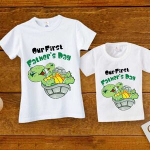 Father Son Matching Our First Father’s Day Turtle Print Personalized Family Combo White Cotton T Shirt for Dad Baby Kids Age 1-3 Years Men S M L XL XXL White Babywish