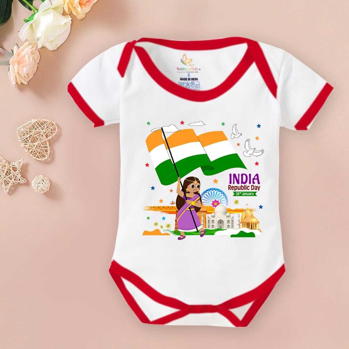 Baby First Republic Day Romper Clothes Baby Bodysuits Newborn Outfit Envelop Neck Half Sleeve Unisex Onesies"Happy Republic Day"