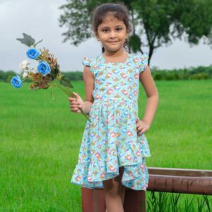 Girls Floral Penguin Print Cotton Dress – Knee Length Cute Party Wear Frock