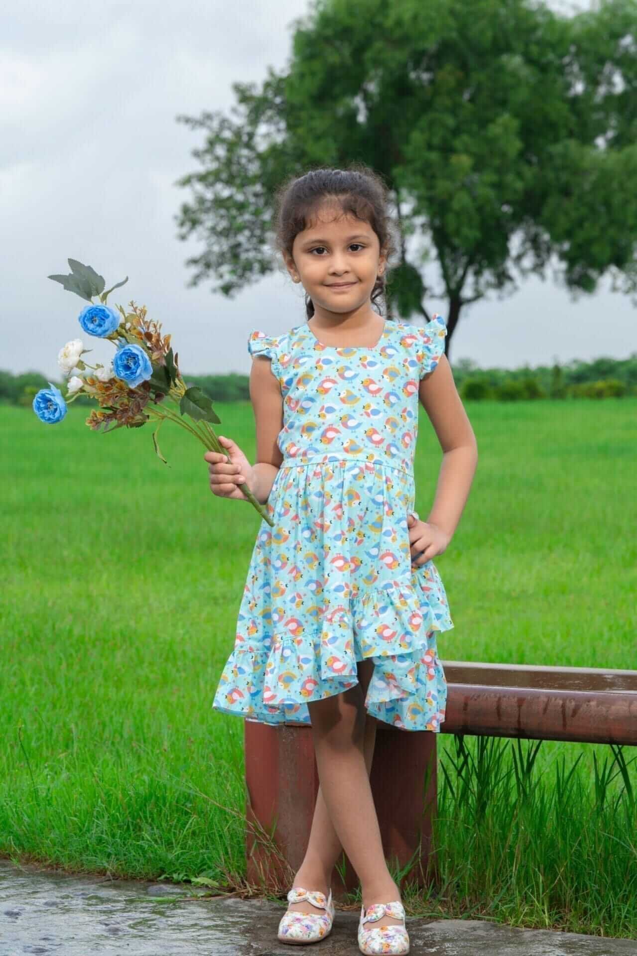 Girl Dress Knee Length Frock Floral Prints Girls Flutter Wings Half-Sleeve Cotton Dress with Frock Bottom Penguin Theme Print Perfect for Birthday, Party, Wedding or Summer Outfits