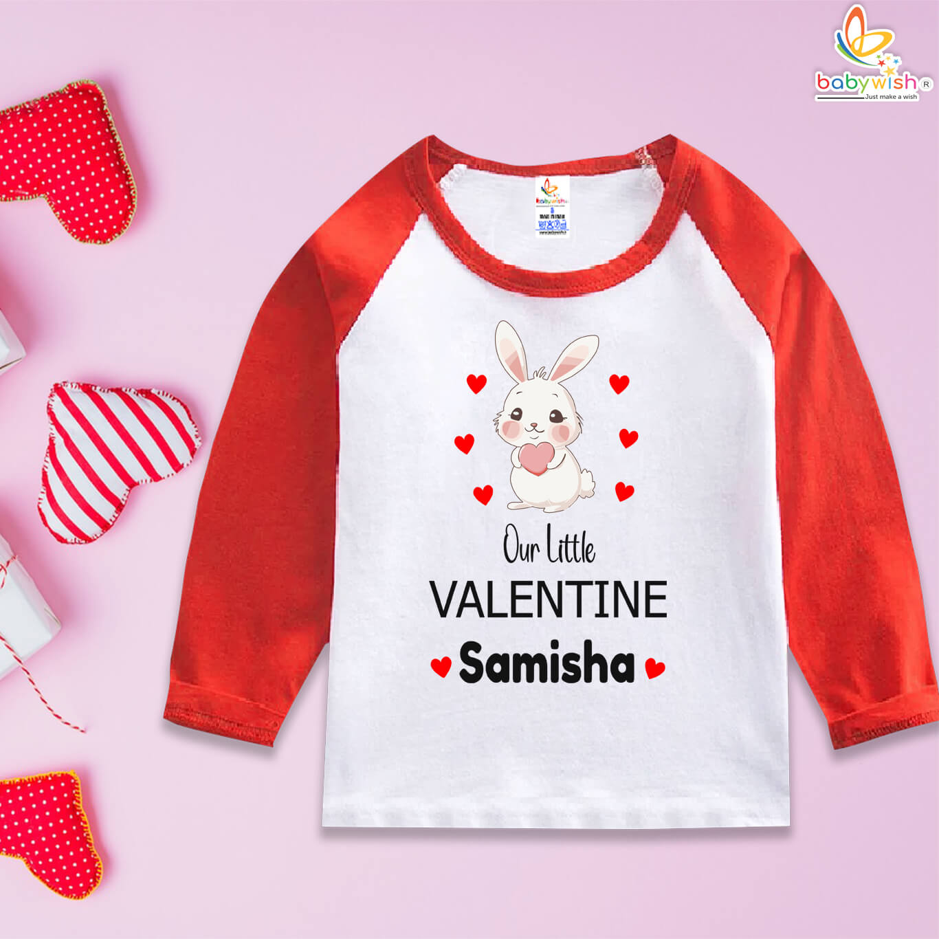Baby Valentine Bunny Print Full Sleeve T-Shirt | Personalized Kids Valentine Outfit | Soft Cotton | Custom Name | Red, Red-White, Black, Black-White | Babywish