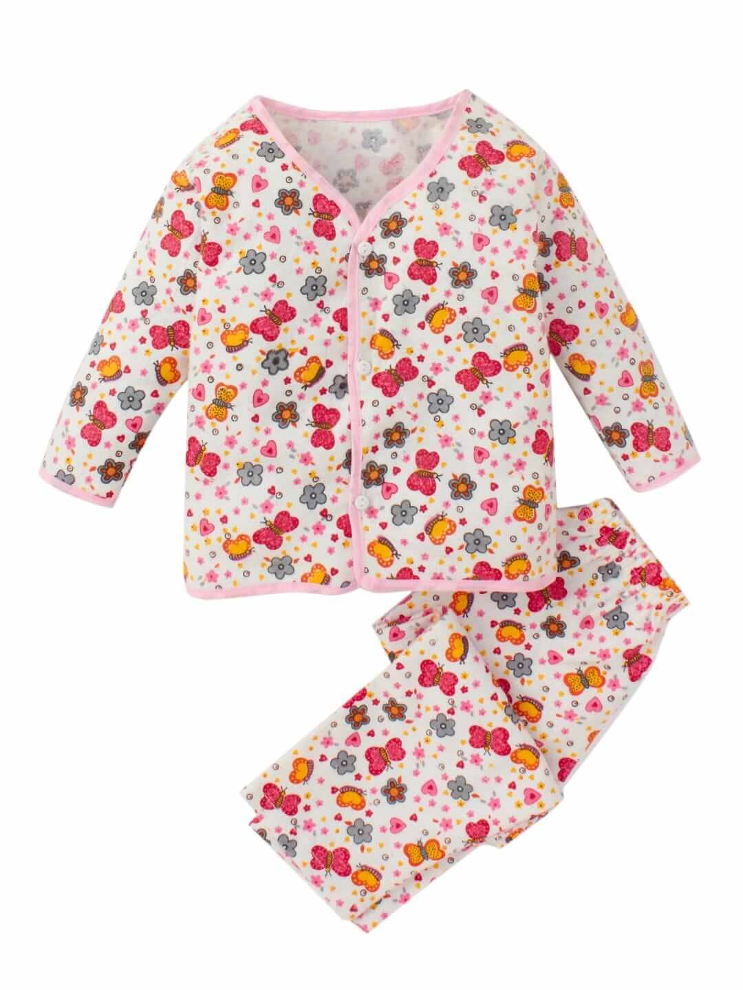 Kids Top Bottom Baby Jhabla Set – Full Sleeve Pure Flannel T-shirt & Pajama Set for Babies, Pink Butterfly Print, Soft, Warm & Comfortable Outfit for Boys & Girls