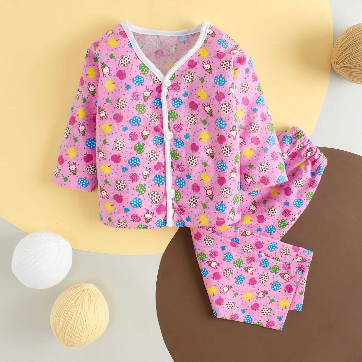 Kids Top Bottom Baby Jhabla Set – Full Sleeve Pure Flannel T-shirt & Pajama Set for Babies, Pink Flannel Fruits Print, Soft, Warm & Comfortable Outfit for Boys & Girls