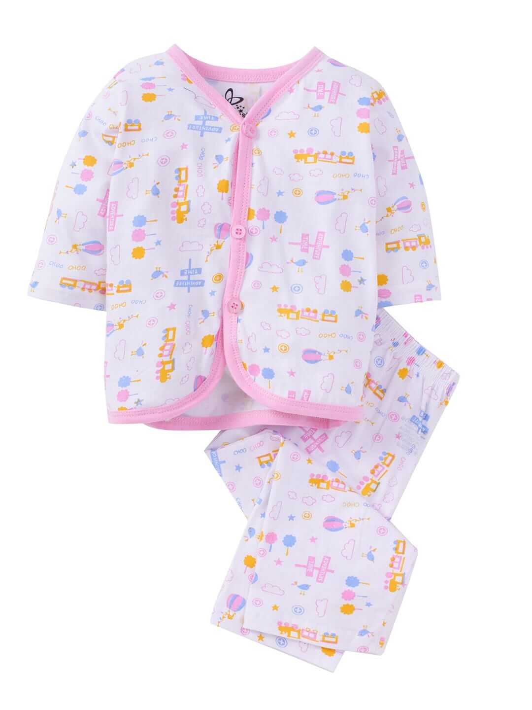 Kids Top Bottom Baby Jhabla Set – Full Sleeve Pure Cotton T-shirt & Pajama Set for Babies, Pink Magic Train Print, Soft and Comfortable Outfit for Boys & Girls
