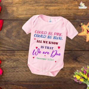 Pregnancy Announcement Baby Romper – Could Be Pink Could Be Blue All We Know Is That We’re Due Bodysuit – Gender Reveal Outfit for Baby Girl or Boy – Babywish