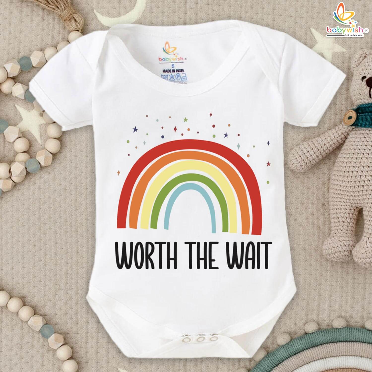 Baby Rainbow Printed Half Sleeve Baby Romper Onesie for Newborn Baby Soft Cotton Bodysuit Worth The Wait Print White Color | 0-3 Months | Babywish