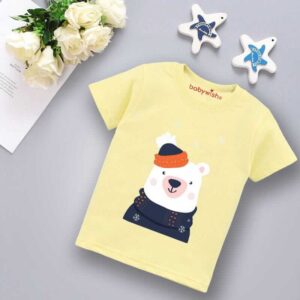 Cute Baby Boy Girl Cotton T-Shirt with Bear Print, Soft Comfortable Summer Wear Kids Tee, Round Neck Half Sleeve Casual Daily Outfit for Toddlers & Kids, Color Lemon Pink White Babywish