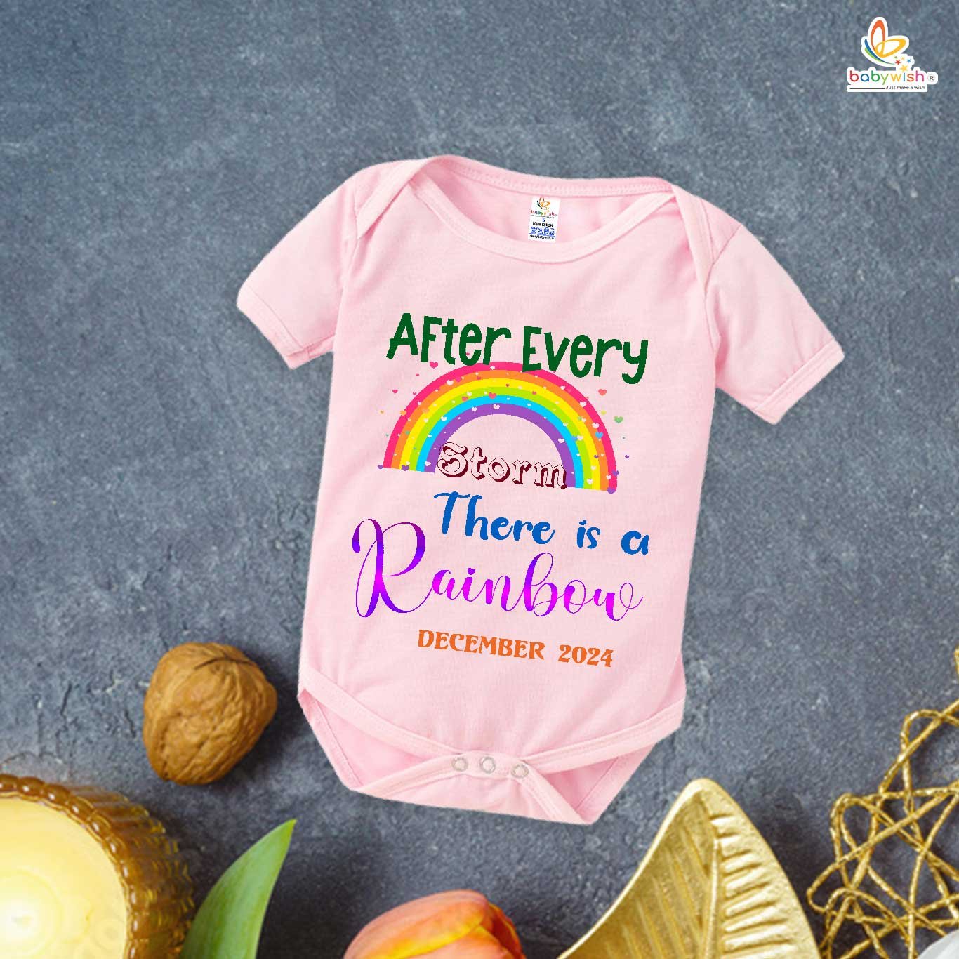 Rainbow Baby Announcement Romper – After Every Storm There Is a Rainbow Bodysuit for Pregnancy Reveal – Newborn Baby Girl or Boy Outfit – Babywish