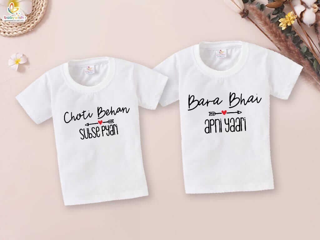 Rakshabandhan Special Combo White T-Shirts for Kids, Brother and Sister Matching Set, Half Sleeve Topwear, Combo Pack of 2, Perfect Rakhi Outfit Babywish