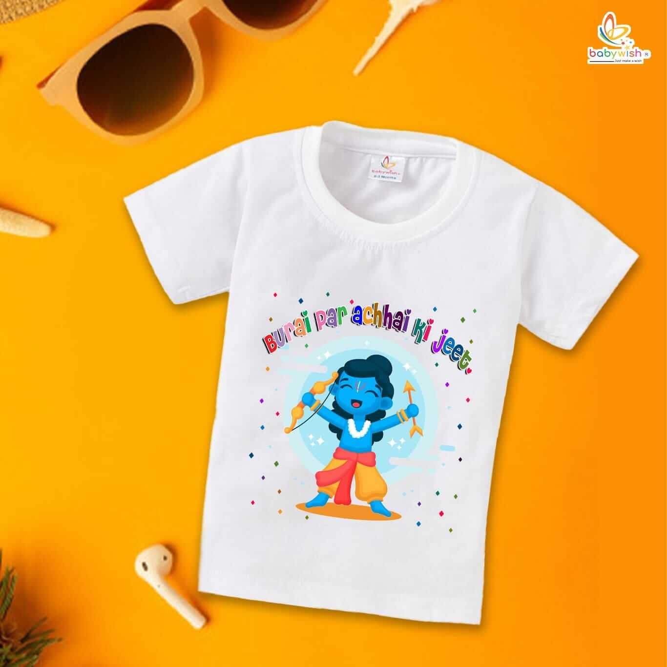 Ram Navmi T-shirt for Kids | Unisex Half Sleeve Printed Navratri Topwear | Festival Dress for Boys & Girls | Special "Burai Par Achhai Ki Jeet" Quote Outfit