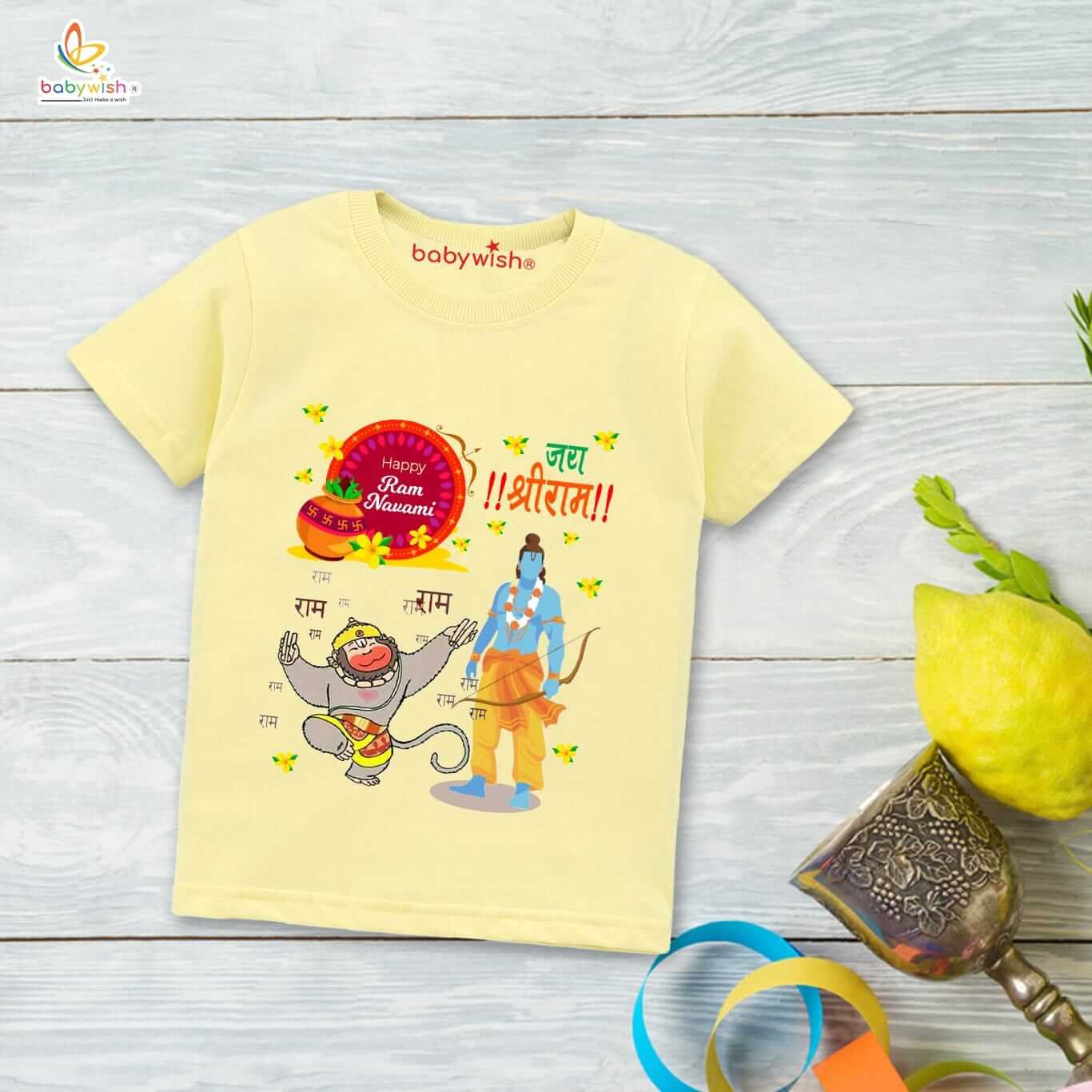 Ram Navmi T-shirt for Kids | Jai Shreeram Printed Unisex Navratri Topwear | Half Sleeve Cotton Outfit Dress for Boys & Girls | Comfortable Festival Wear T-shirt
