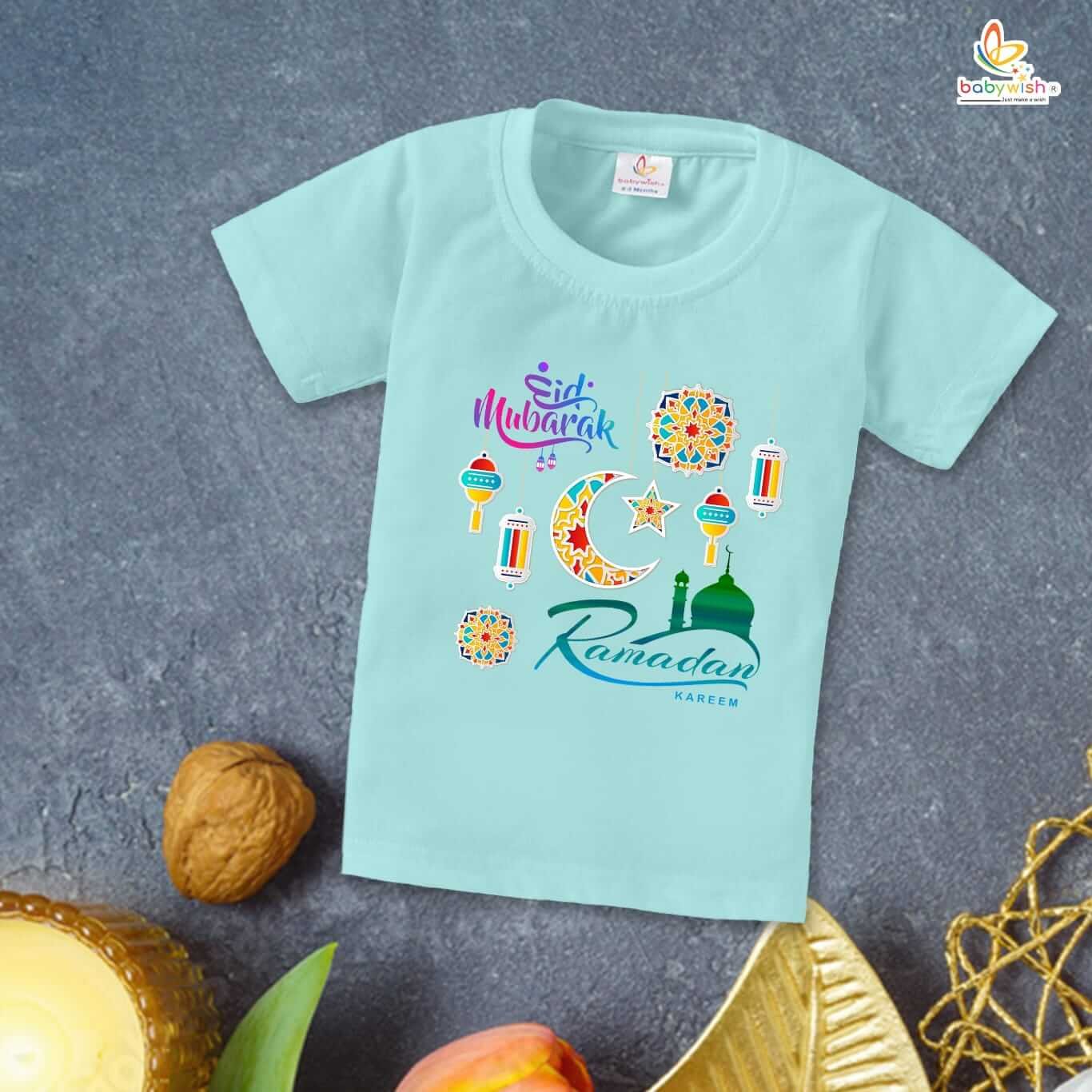 Eid T-shirt for Kids Unisex Ramadan Topwear Outfit | Printed Half Sleeve Unisex Tshirt for Boys & Girls | Festive Eid Mubarak Clothing
