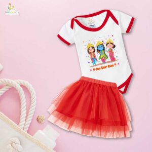 Ramnavmi Festivals Newborn Girl's Tutu Skirt & Romper | Baby Navratri Outfit | Printed Cotton Bodysuit Onesies Dress for Baby Girl | Traditional Festive Wear for Infants