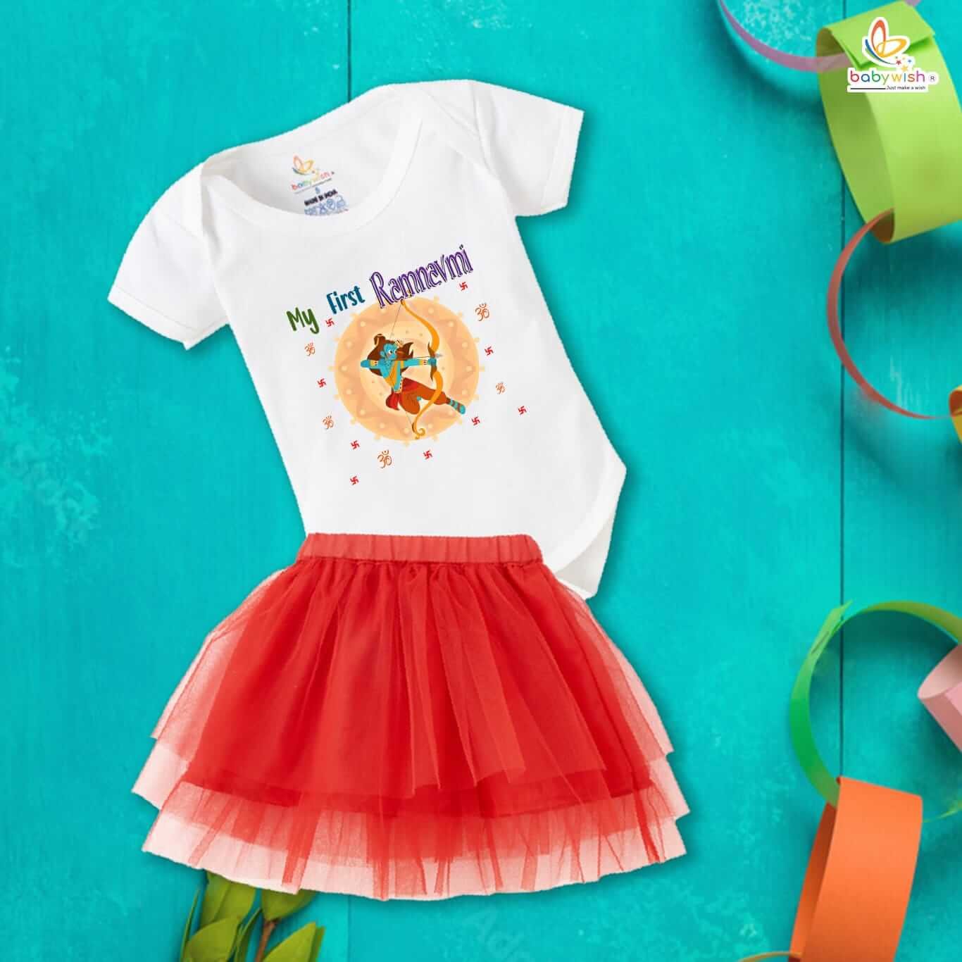 Ramnavmi Festivals Newborn Girl’s Tutu Skirt & Romper | Baby Girl Navratri Outfit | Traditional Ethnic Bodysuit Dress for Infants | Cute Newborn Festival Wear Onesies