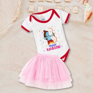 Baby Happy Navratri Romper with Tutu Skirt Set Soft Cotton Newborn Baby Festival Outfit Dress 0-12 Months | Babywish