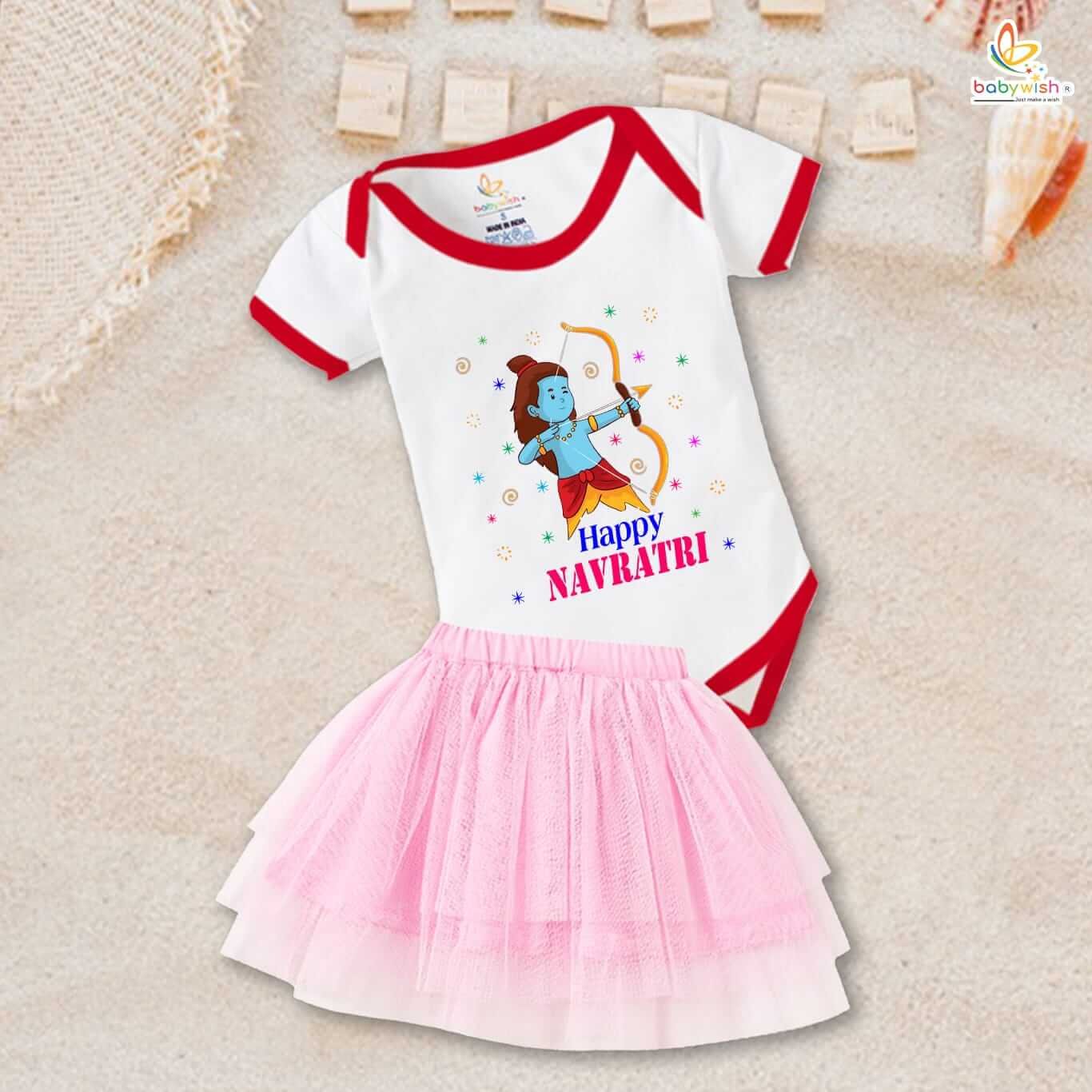 Ramnavmi Festivals Newborn Girl's Tutu Skirt & Romper | Baby Girl Navratri Dress | Traditional Ethnic Outfit | Infant Cotton Printed Onesies Bodysuit for Baby Girl Festive Wear