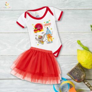 Ramnavmi Festival Newborn Girl’s Tutu Skirt & Romper | Baby Girl Navratri Dress | Infant Partywear Bodysuit | Traditional Printed Cotton Outfit for Newborn Baby Girl Festive Wear