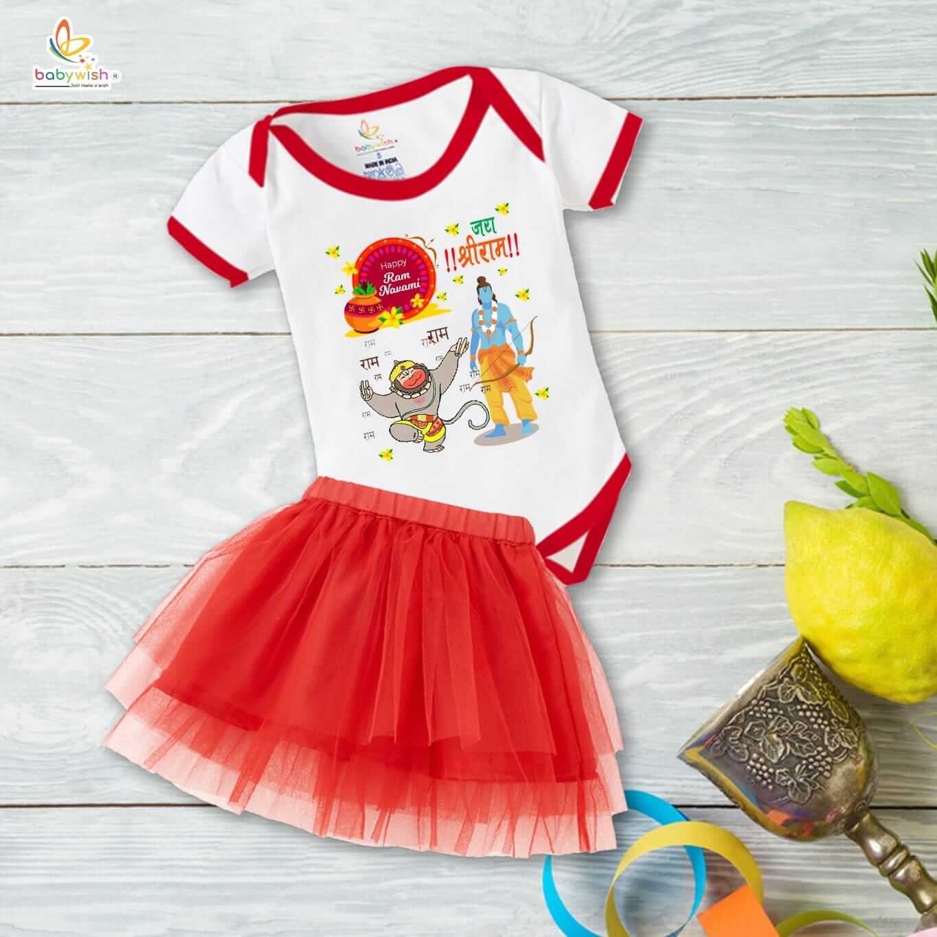 Ramnavmi Festival Newborn Girl’s Tutu Skirt & Romper | Baby Girl Navratri Dress | Infant Partywear Bodysuit | Traditional Printed Cotton Outfit for Newborn Baby Girl Festive Wear