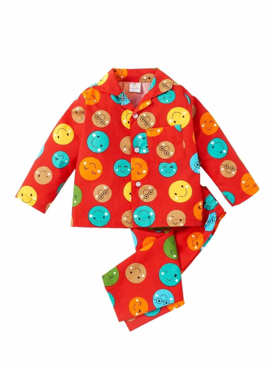 Kids Sleepsuit for Baby Boys and Girls Long Sleeve Topwear and Pajamas Set Baby Clothing Sleepwear Set Red Color Smiley Print for Newborns and Toddlers