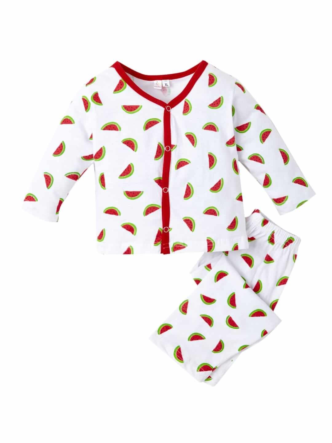 Kids Top Bottom Baby Jhabla Set – Full Sleeve Pure Cotton T-shirt & Pajama Set for Babies, Red Watermelon Prints, Soft, Comfortable & Stylish Outfit for Boys & Girls