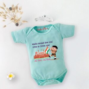 Nanha Munna Rahi Hoon Republic Day Baby Romper for Newborn Boys & Girls | Soft Cotton Patriotic Bodysuit with Indian Flag, Red Fort & Jai Hind Print | Half Sleeve Onesie Aqua Green | 0-12 Months | Babywish