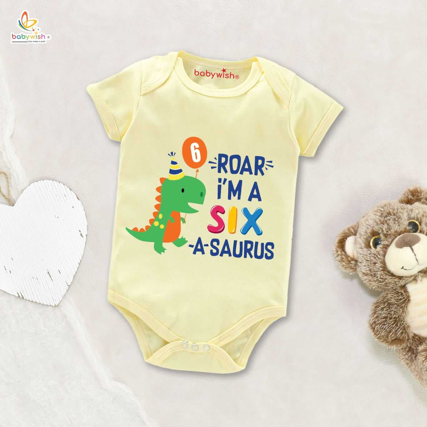 Roar I’m a Six-a-Saurus Baby Romper Cute Dinosaur 6th Birthday Cotton Onesie for Boys & Girls Baby Birthday Outfit Party Wear White, Pink, Lemon, Red, Sea Green (3-6 or 6-9 Months) Babywish