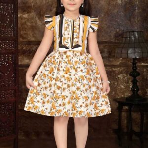 Girls Rose Floral Cotton Dress – Knee Length Lace Bottom Flutter Sleeve Frock