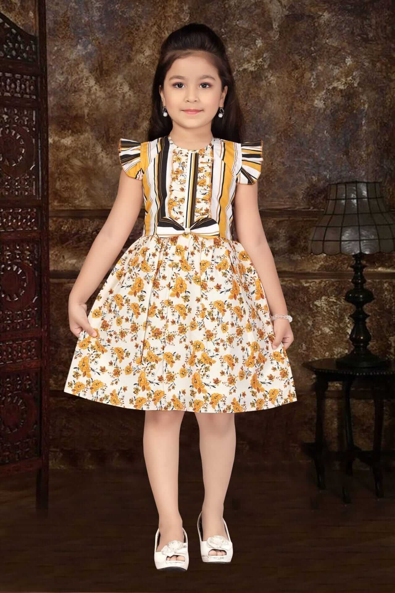 Girls Rose Floral Cotton Dress – Knee Length Lace Bottom Flutter Sleeve Frock