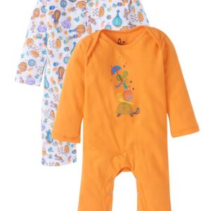 Baby Boys and Girls Cotton Full Sleeve Bodysuits, Infant Rompers Onesies, Soft Comfortable Orange Rainbow Print Designs, Ideal Newborn Clothing Gift Set, Set of 2
