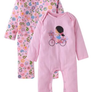 Baby Boys and Girls Cotton Full Sleeve Bodysuits, Infant Rompers Onesies, Soft Comfortable Pink Floral Print Designs, Ideal Newborn Clothing Gift Set, Set of 2