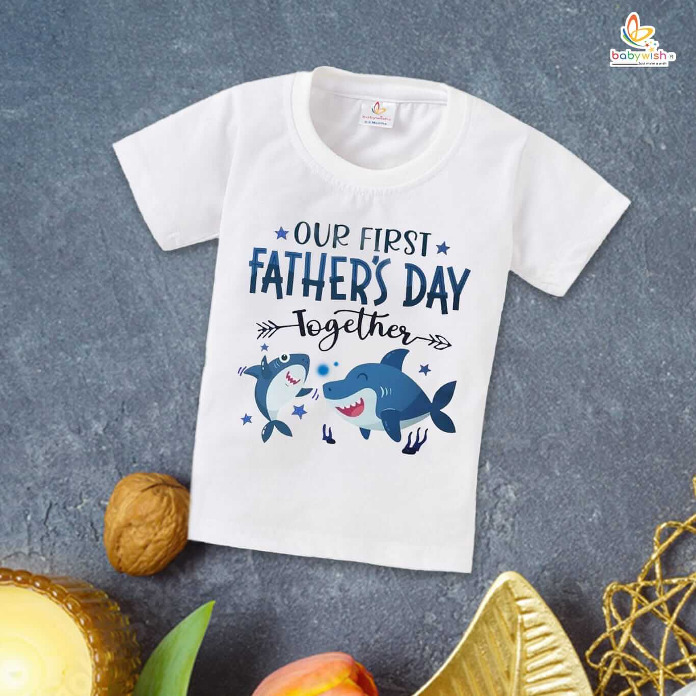 Our First Fathers Day Together Shark Matching Father Baby T-Shirt | Combo White Cotton Family Outfit | Dad Baby Matching Clothes Father Day Gift | Babywish - Image 3