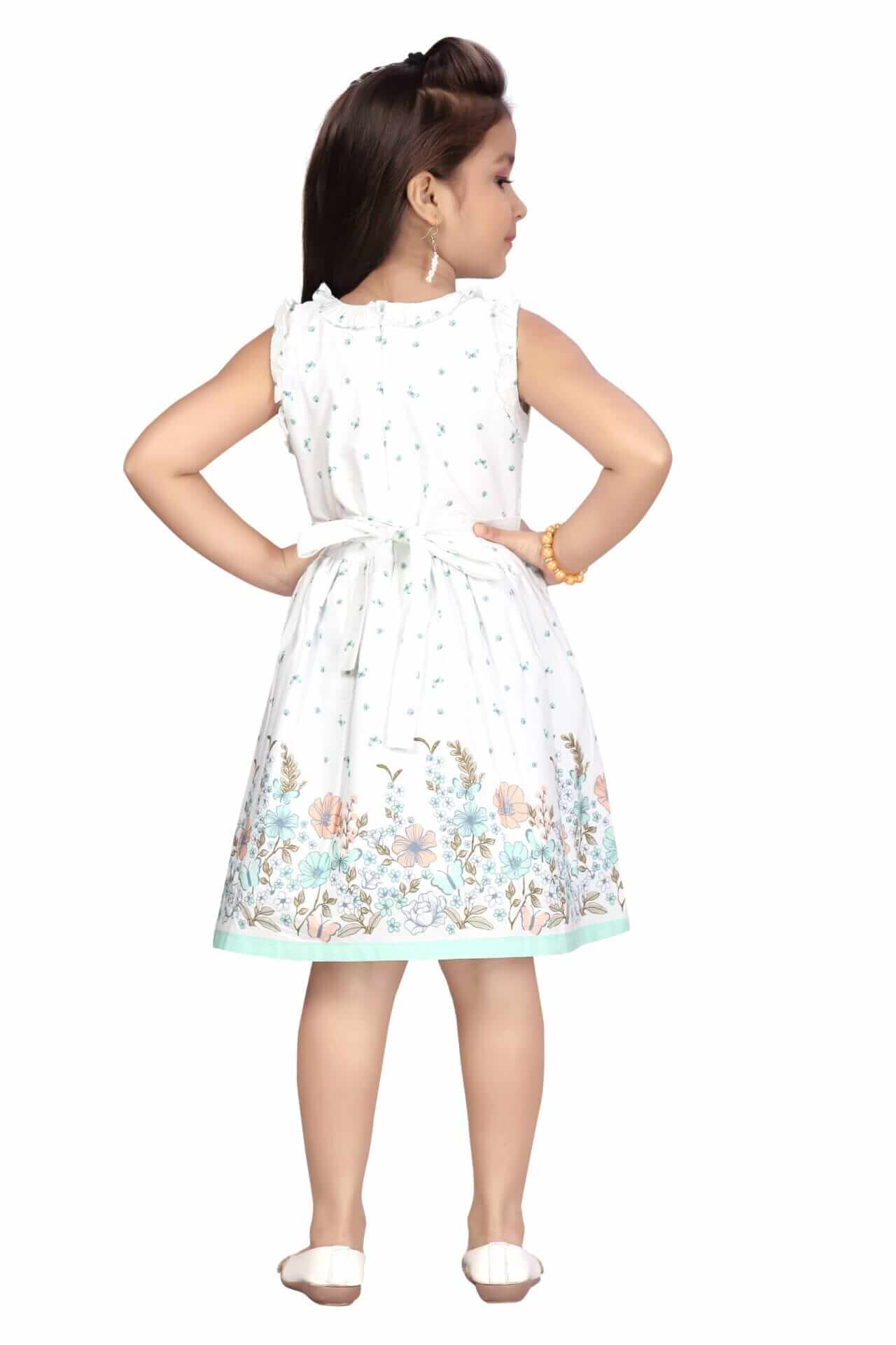Girls Floral Print Knee Length Cotton Dress – Flutter Sleeve Party Frock - Image 2