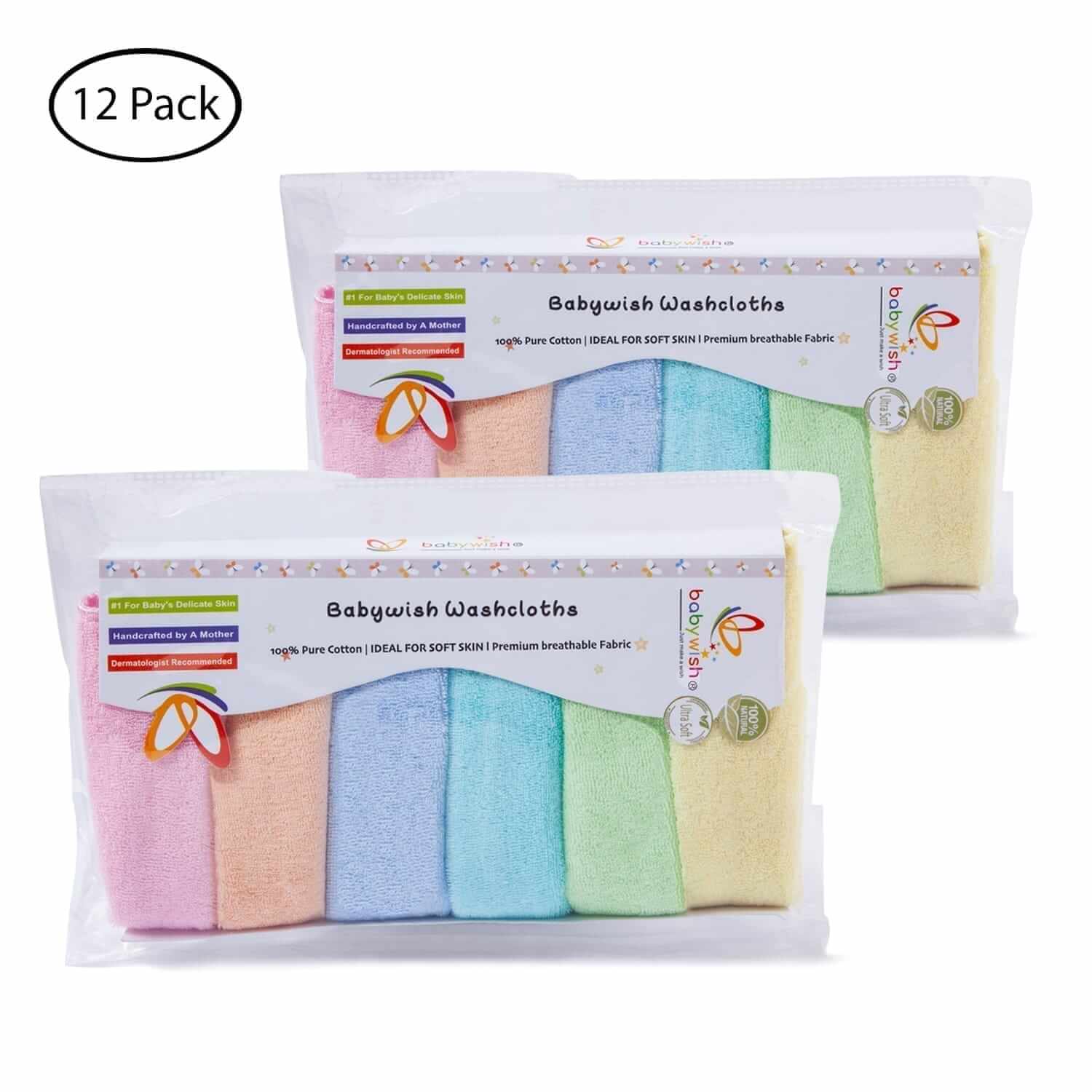 Babywish 12 Pack Soft Cotton Baby Washcloth Set for Newborn Babies, Premium Face Towels, Feeding Cloth, Bath Wash Cloth, Absorbent Baby Cleaning Wipes, Multicolor