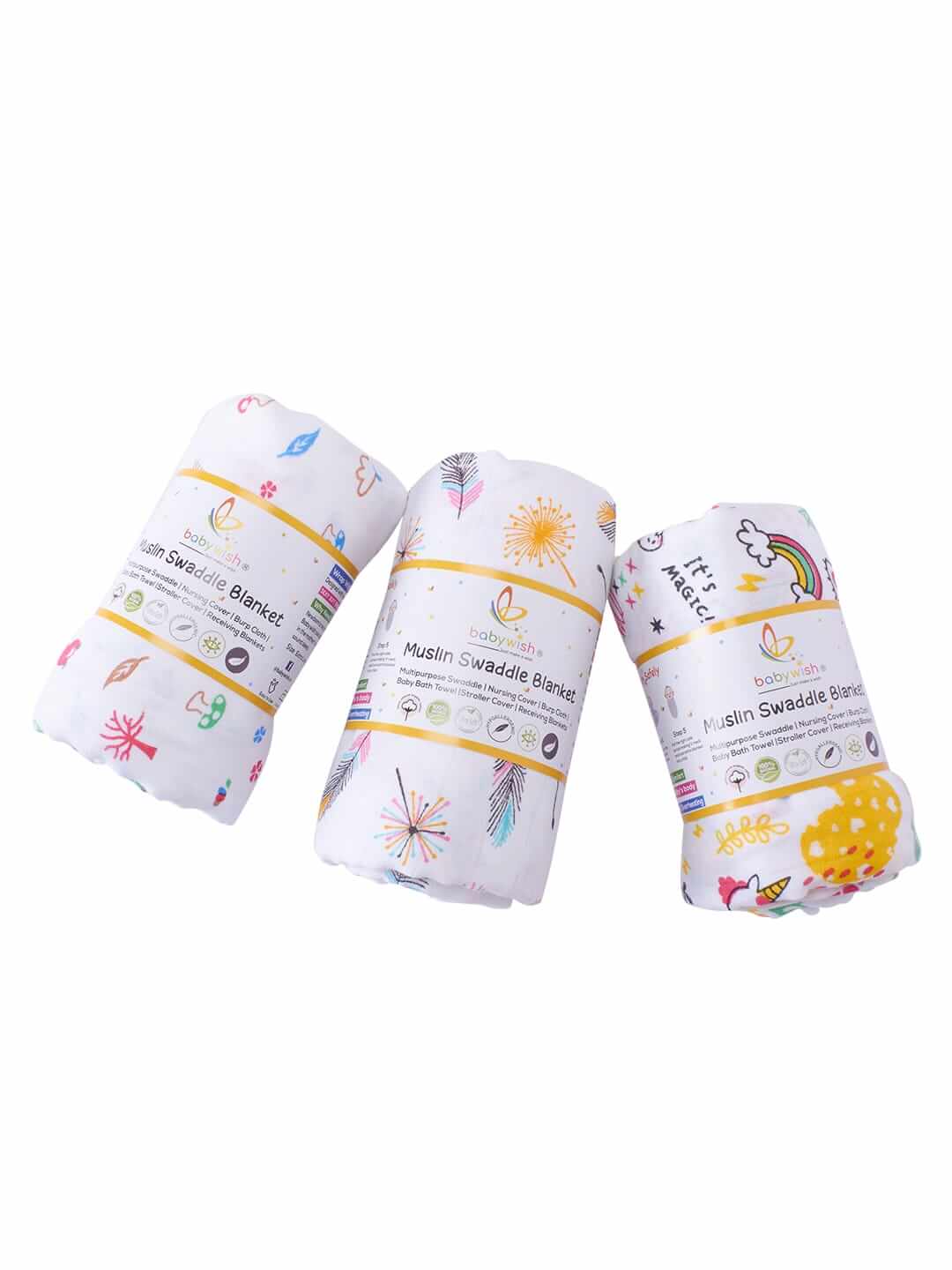 Premium Soft Cotton Muslin Swaddle Blanket Set of 3 for Newborn Babies | Breathable Receiving Blanket, Baby Wrap Sheet, Multi-Print Baby Blanket for Boys & Girls | White Multi Color | 0-3 Months | Babywish - Image 3