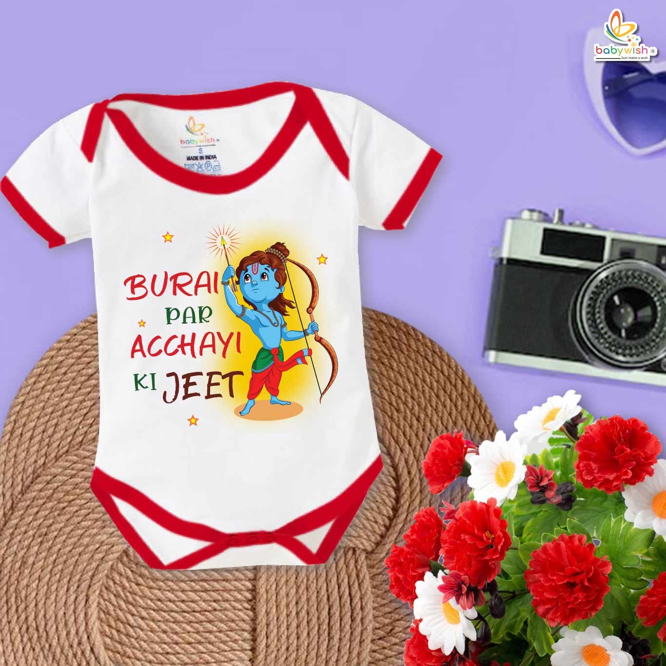 My First Ramnavmi Romper – Baby Bodysuit with “Burai Par Acchayi Ki Jeet” Quote | Spiritual Hindu Festival Outfit for Infants by Babywish