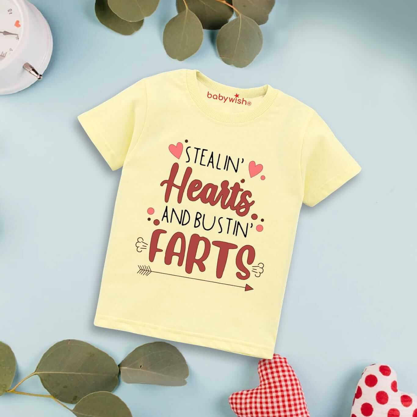 Valentine’s Day T-shirt for Kids | Unisex Valentine Topwear Outfit | Printed Half Sleeve T-shirt Dress for Boys & Girls “Steal in Heart Print” | Cute Gift for Kids