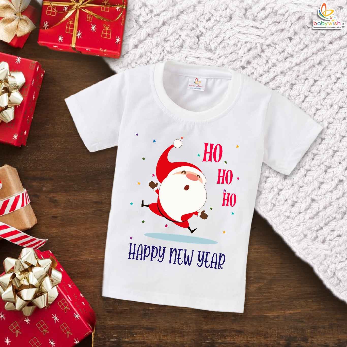 My First Happy New Year T-Shirt with Santa Print | Unisex Half Sleeve Cotton Topwear Outfit | Cute Baby Boys & Girls New Year Celebration Clothes Casual Dress – Babywish