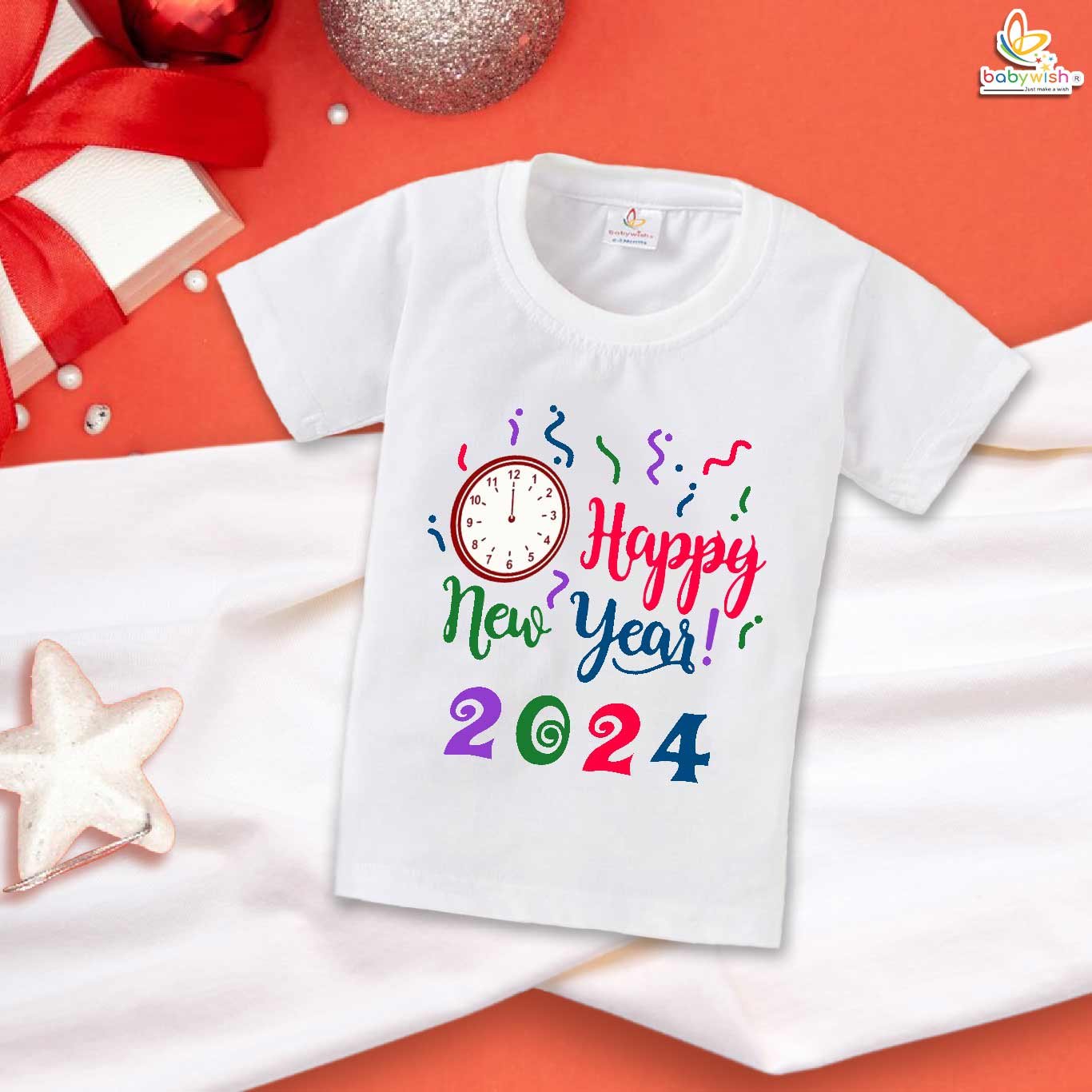 Stylish My First New Year Baby Outfit – Unisex Cotton T-Shirt with Festive Clock Print | Comfortable Half Sleeve Dress for Boys & Girls – Babywish
