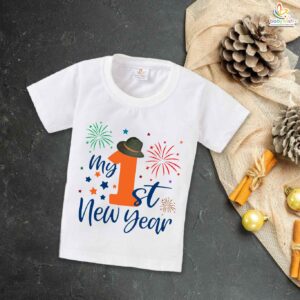 My First New Year T-shirt Will Be Rawr Some | Cute Dinosaur Printed Baby Outfit | Infant Boys & Girls Half Sleeve Cotton Top for First New Year Party Celebration – Babywish
