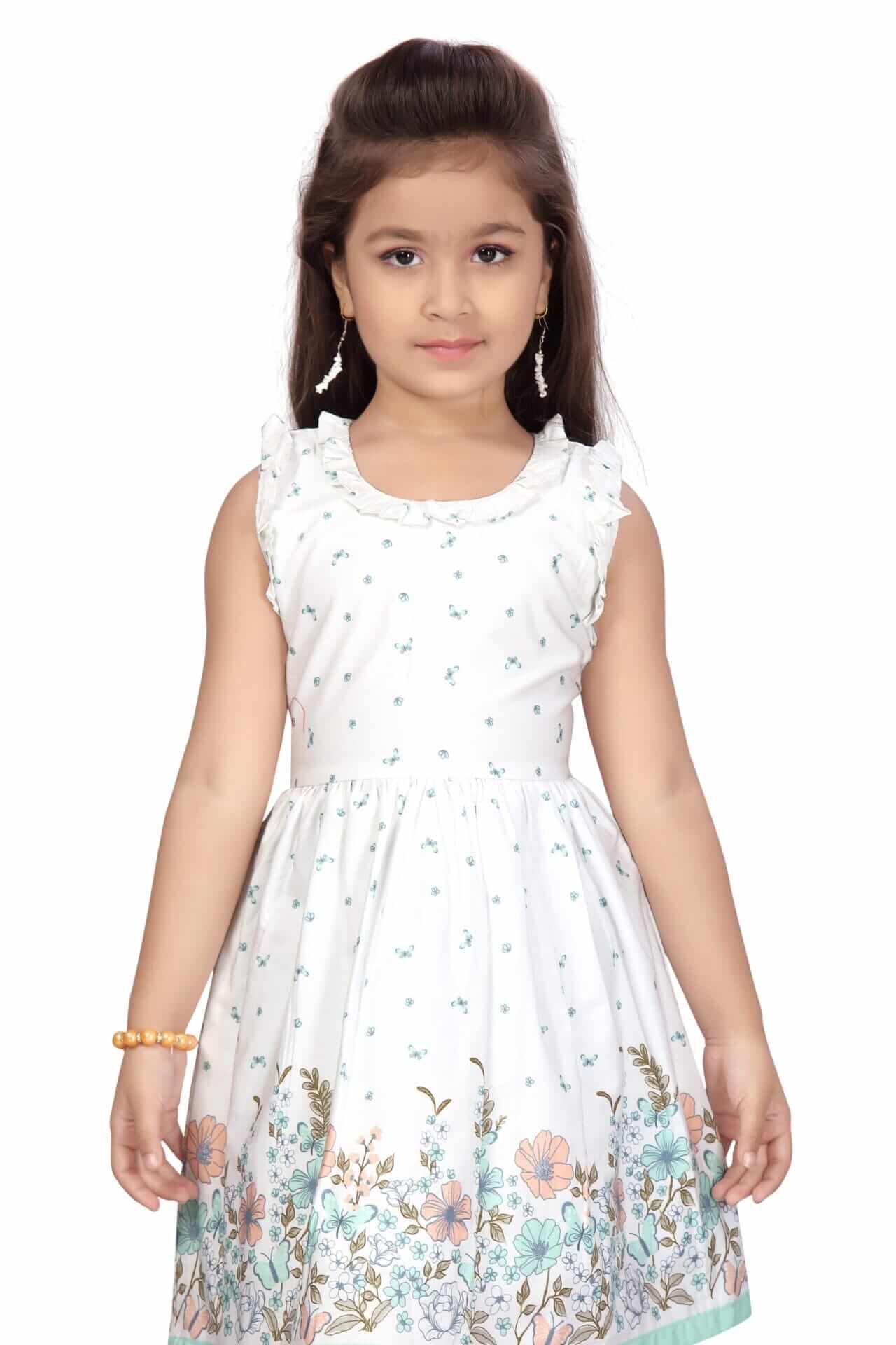 Girls Floral Print Knee Length Cotton Dress – Flutter Sleeve Party Frock - Image 6